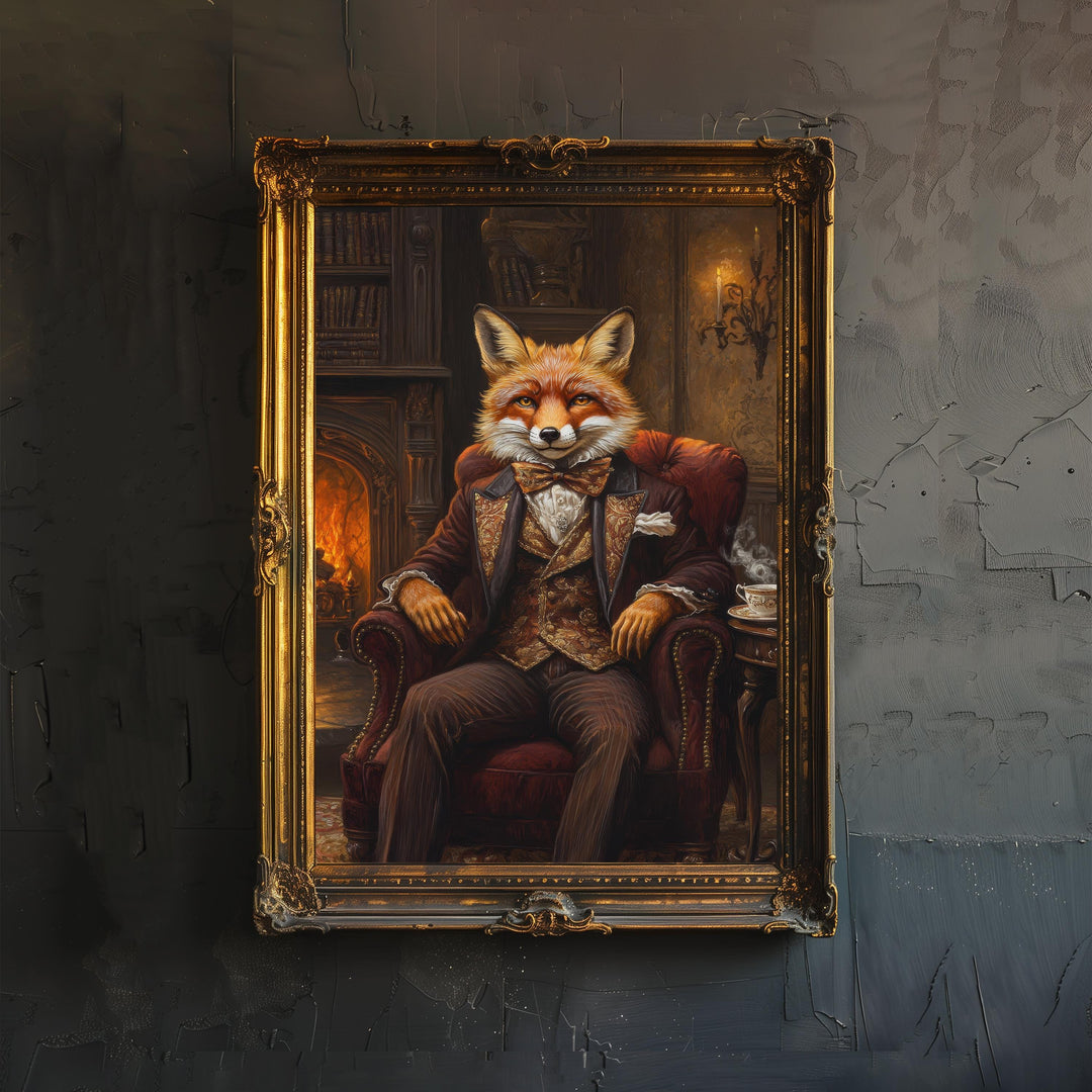 Fox in Victorian Armchair Art Print Cottagecore Cozy Reading Nook Decor Whimsical Animal Portrait