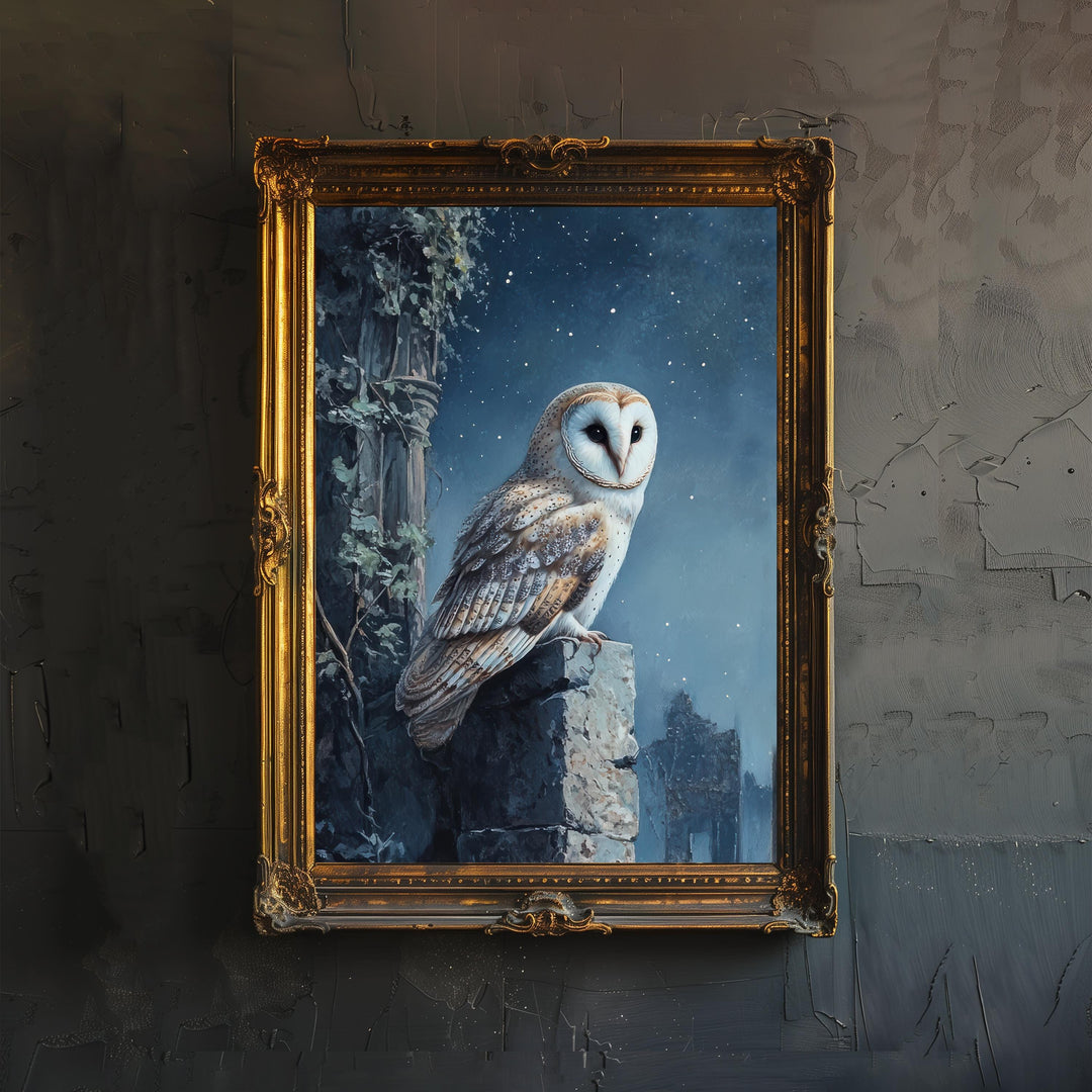 Barn Owl in Ivy Ruins Art Print Cottagecore Woodland Bird Decor Gothic Nature Wall Art