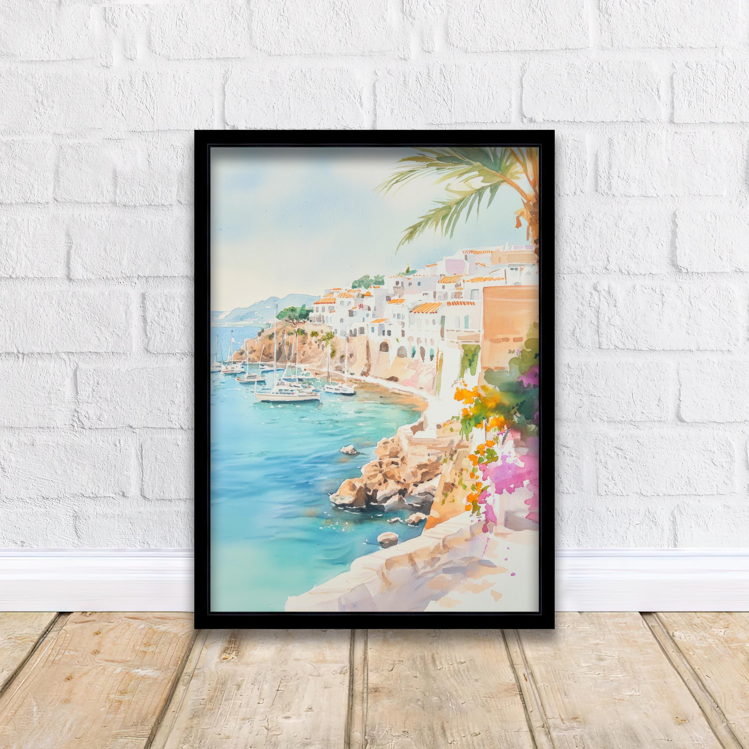 Ibiza Watercolor Painting Spanish Island Art Ibiza Print Scenic Mediterranean Decor Ibiza Beach Art