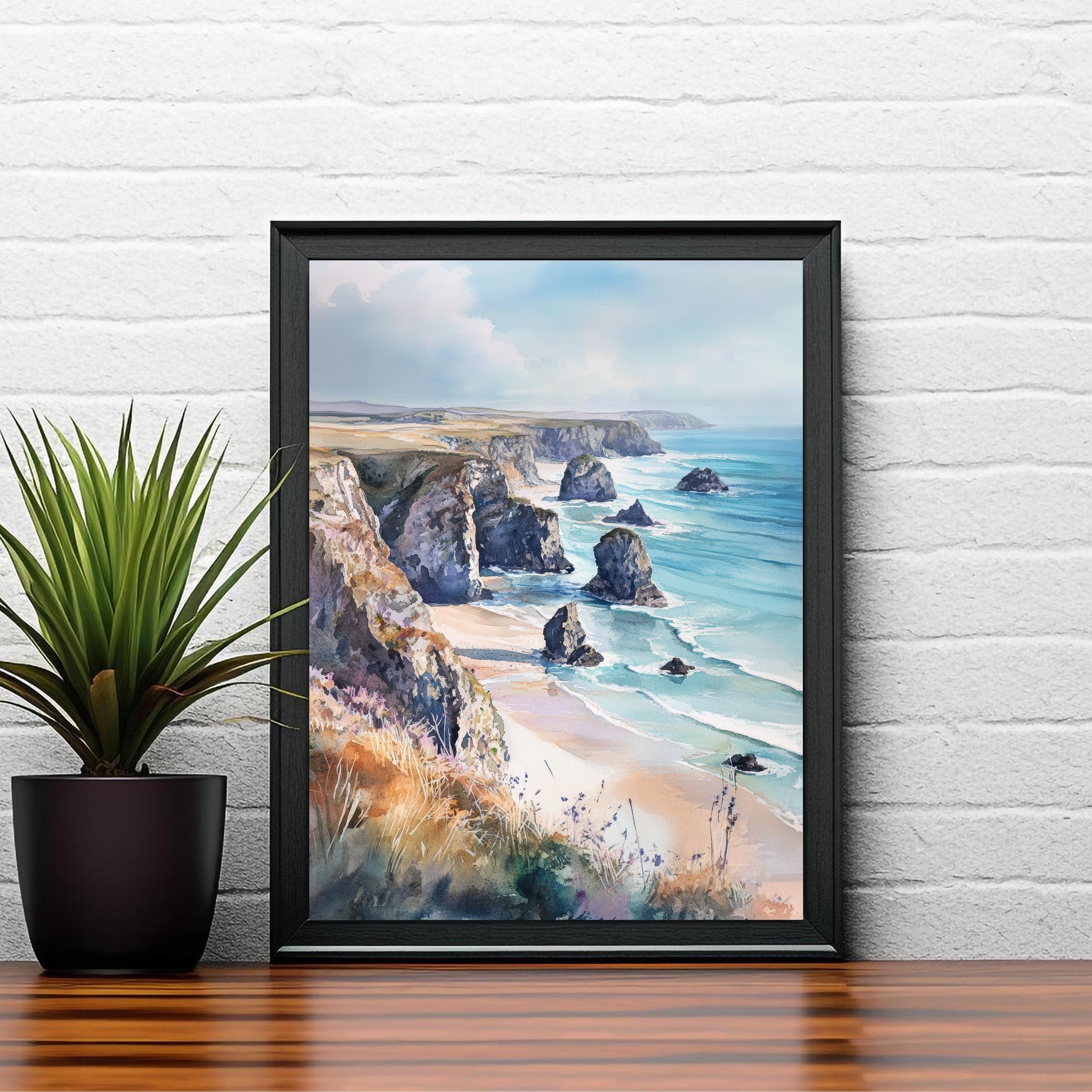 Bedruthan Steps Watercolor Painting Cornwall Coastal Art Bedruthan Steps Print Scenic Seaside Decor