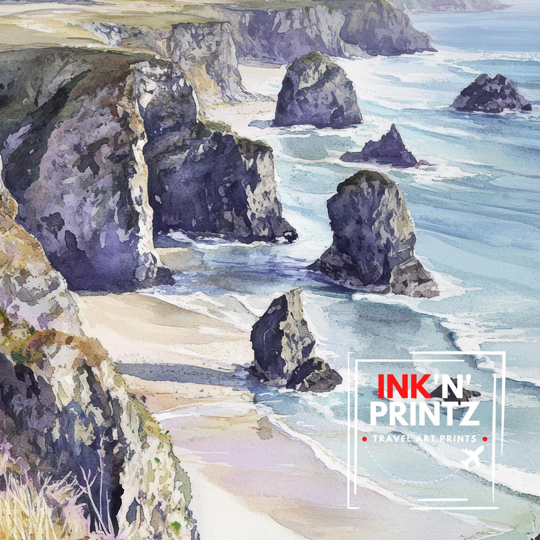Bedruthan Steps Watercolor Painting Cornwall Coastal Art Bedruthan Steps Print Scenic Seaside Decor