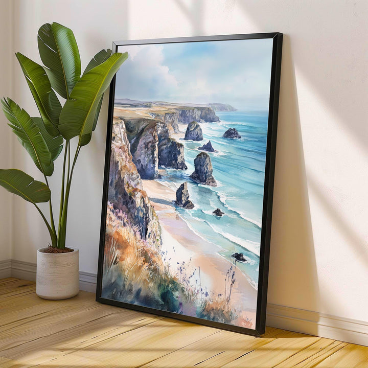 Bedruthan Steps Watercolor Painting Cornwall Coastal Art Bedruthan Steps Print Scenic Seaside Decor