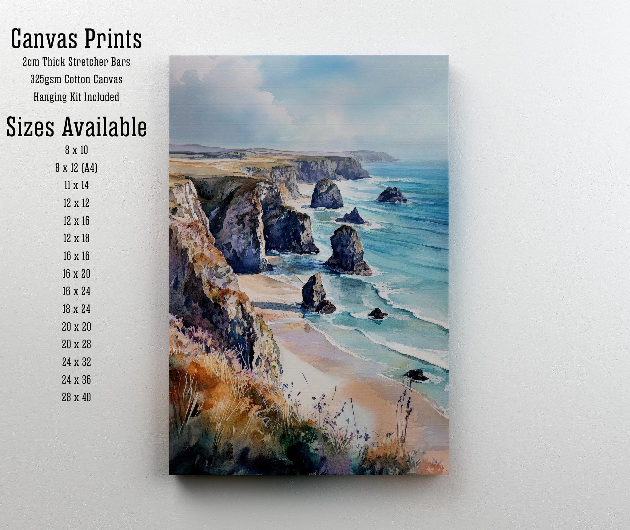 Bedruthan Steps Watercolor Painting Cornwall Coastal Art Bedruthan Steps Print Scenic Seaside Decor