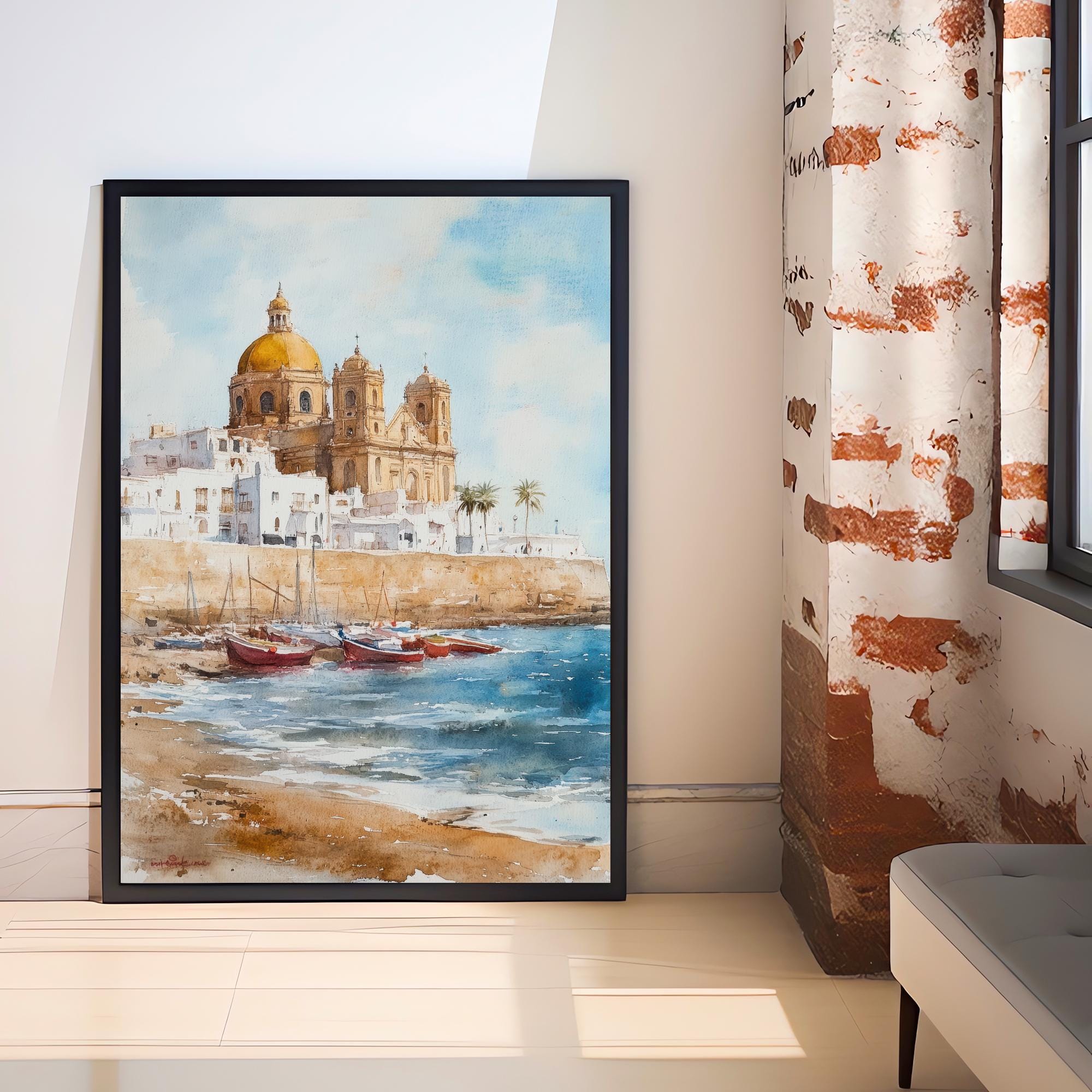 Cadiz Spain Watercolor Painting Spanish City Art Cadiz Print Scenic Andalusia Decor