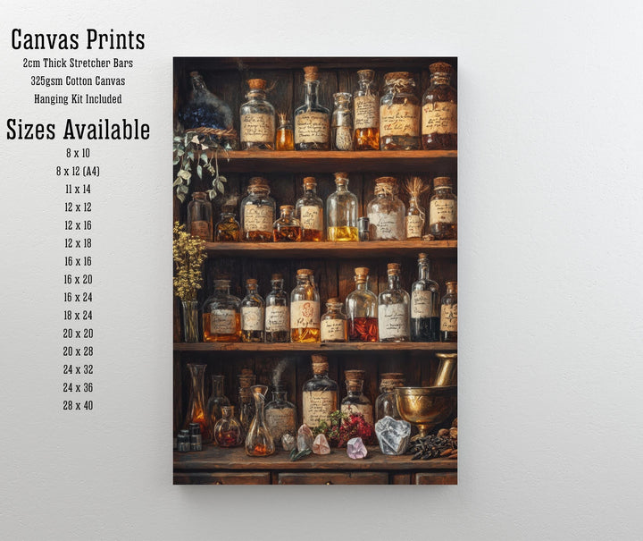 Wizards Potion Shelf Art Print Cottagecore Decor Mystical Apothecary Wall Art Vintage Nature Poster for Cozy Homes and Magical Inspired