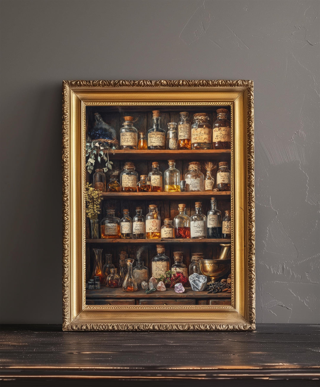 Wizards Potion Shelf Art Print Cottagecore Decor Mystical Apothecary Wall Art Vintage Nature Poster for Cozy Homes and Magical Inspired