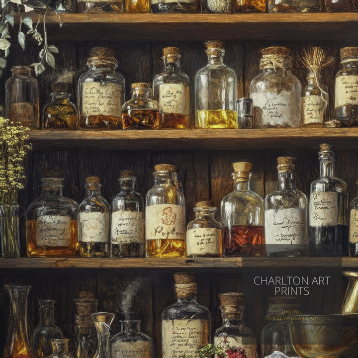 Wizards Potion Shelf Art Print Cottagecore Decor Mystical Apothecary Wall Art Vintage Nature Poster for Cozy Homes and Magical Inspired
