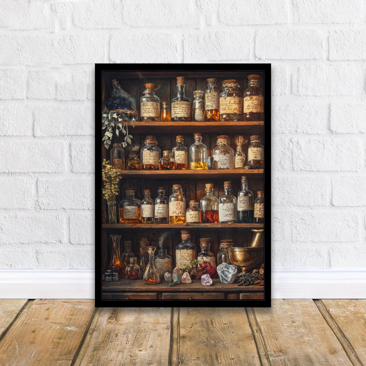 Wizards Potion Shelf Art Print Cottagecore Decor Mystical Apothecary Wall Art Vintage Nature Poster for Cozy Homes and Magical Inspired