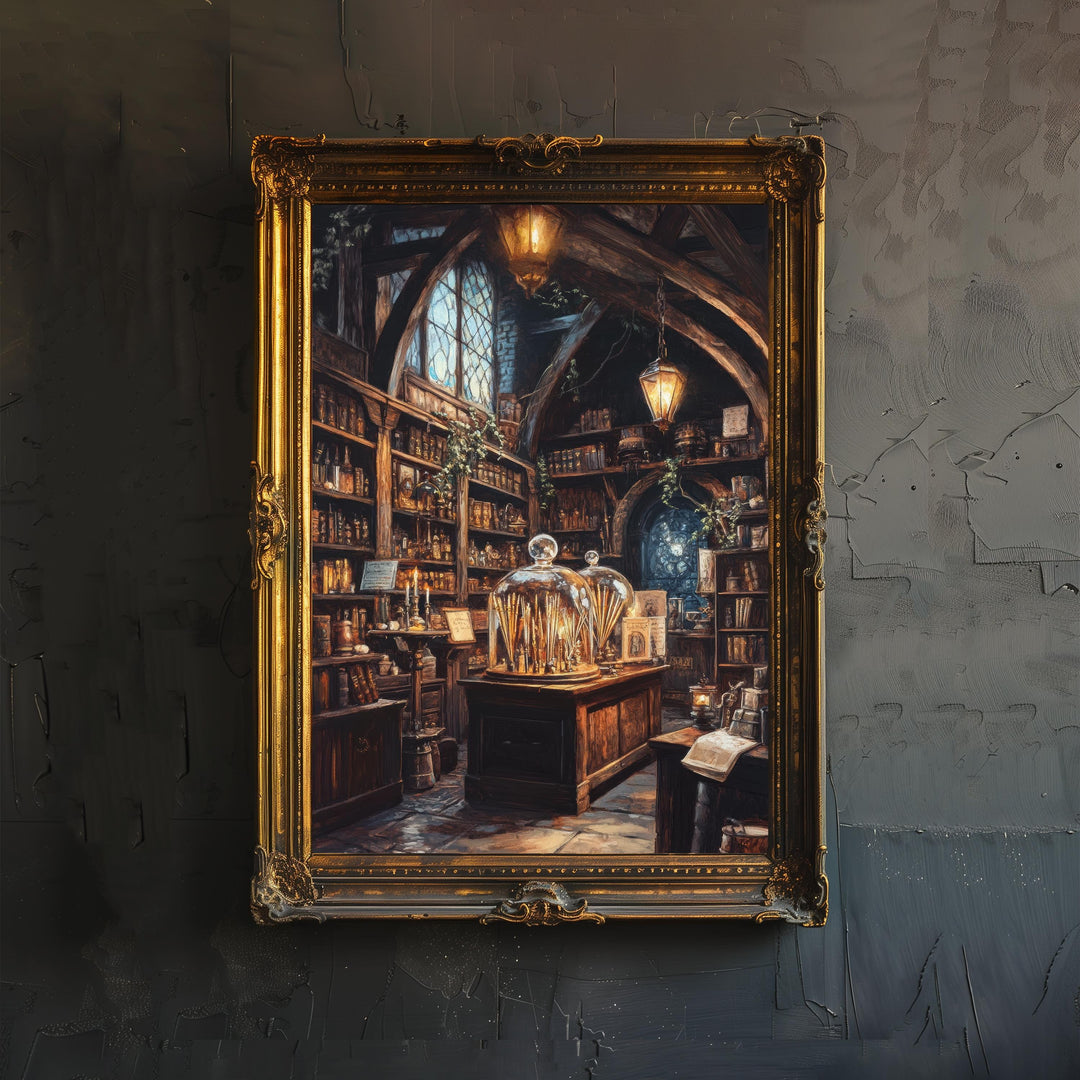 Wizards Wand Shop Art Print Cottagecore Decor Mystical Magical Wall Art Vintage Fantasy Poster for Cozy Homes and Enchanted Inspired Spaces