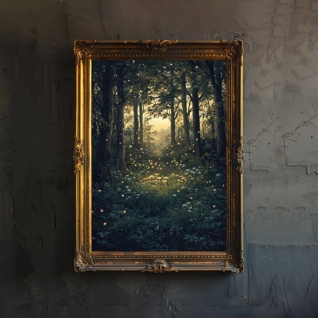 Twilight Fairy Ring with Fireflies Art Print Cottagecore Decor Whimsical Woodland Wall Art Vintage Nature Poster for Cozy Homes and Forest