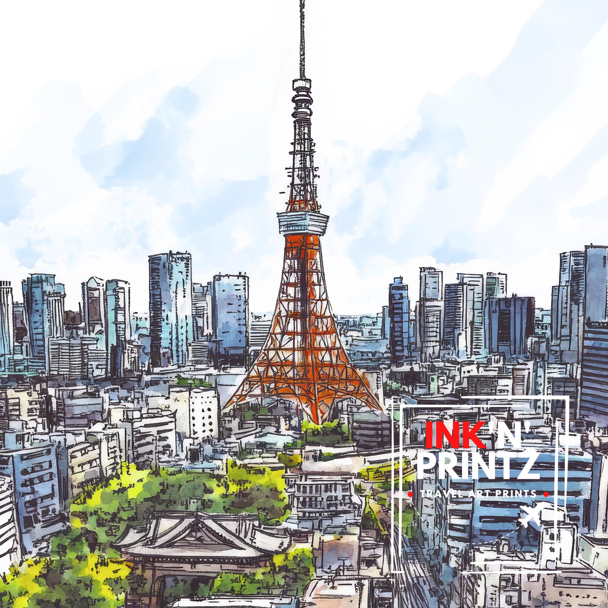 Tokyo Japan Watercolor Painting Tokyo Skyline Art Japan Print Scenic Cityscape Watercolor Decor