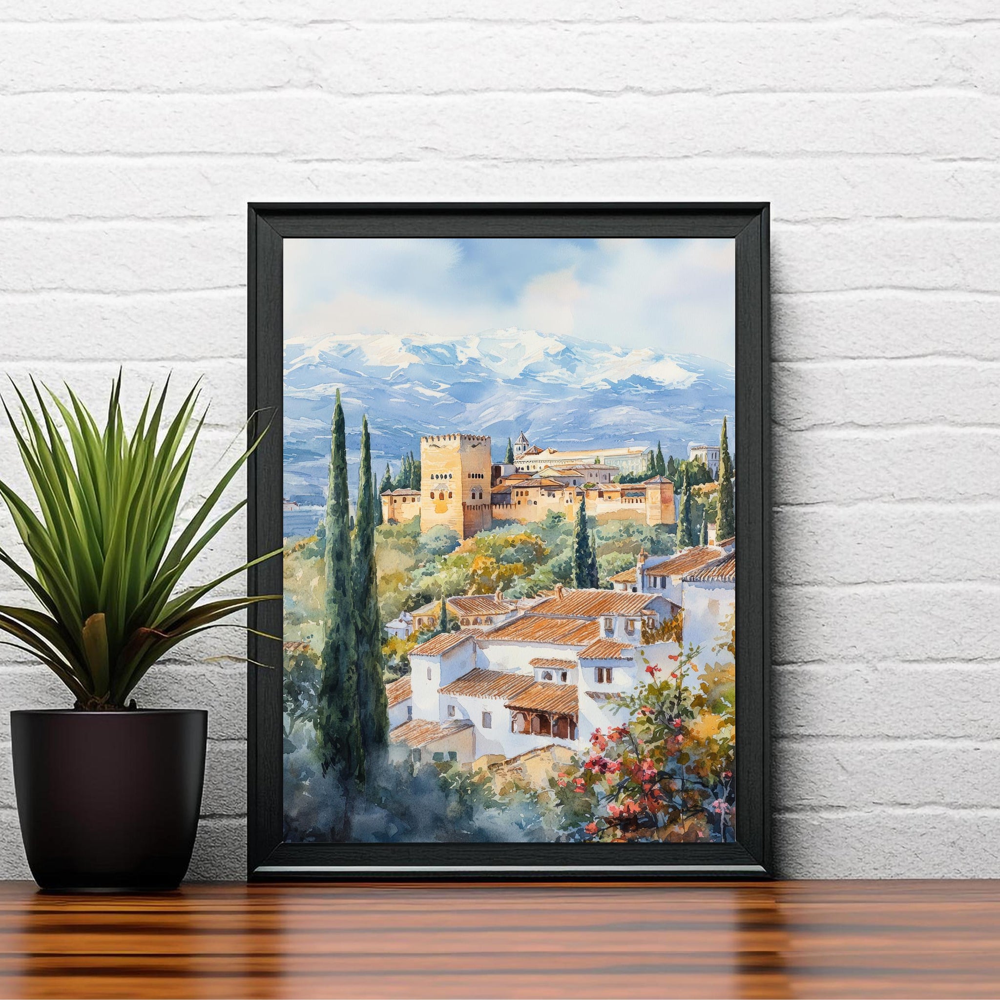 Granada Spain Watercolor Painting Alhambra Art Granada Print Scenic Spanish Landscape Decor
