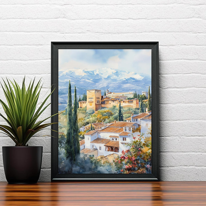 Granada Spain Watercolor Painting Alhambra Art Granada Print Scenic Spanish Landscape Decor