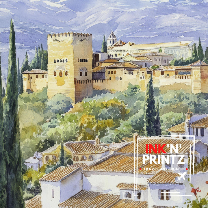 Granada Spain Watercolor Painting Alhambra Art Granada Print Scenic Spanish Landscape Decor