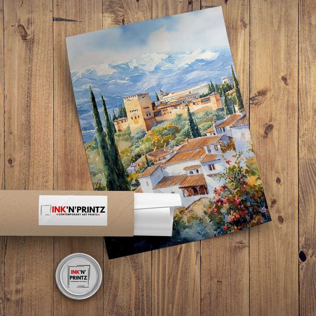 Granada Spain Watercolor Painting Alhambra Art Granada Print Scenic Spanish Landscape Decor