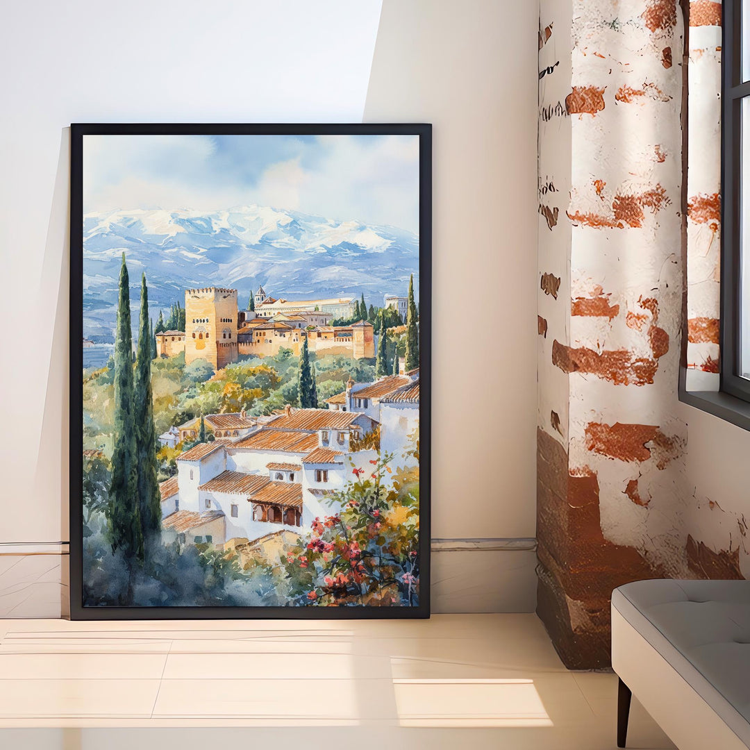 Granada Spain Watercolor Painting Alhambra Art Granada Print Scenic Spanish Landscape Decor