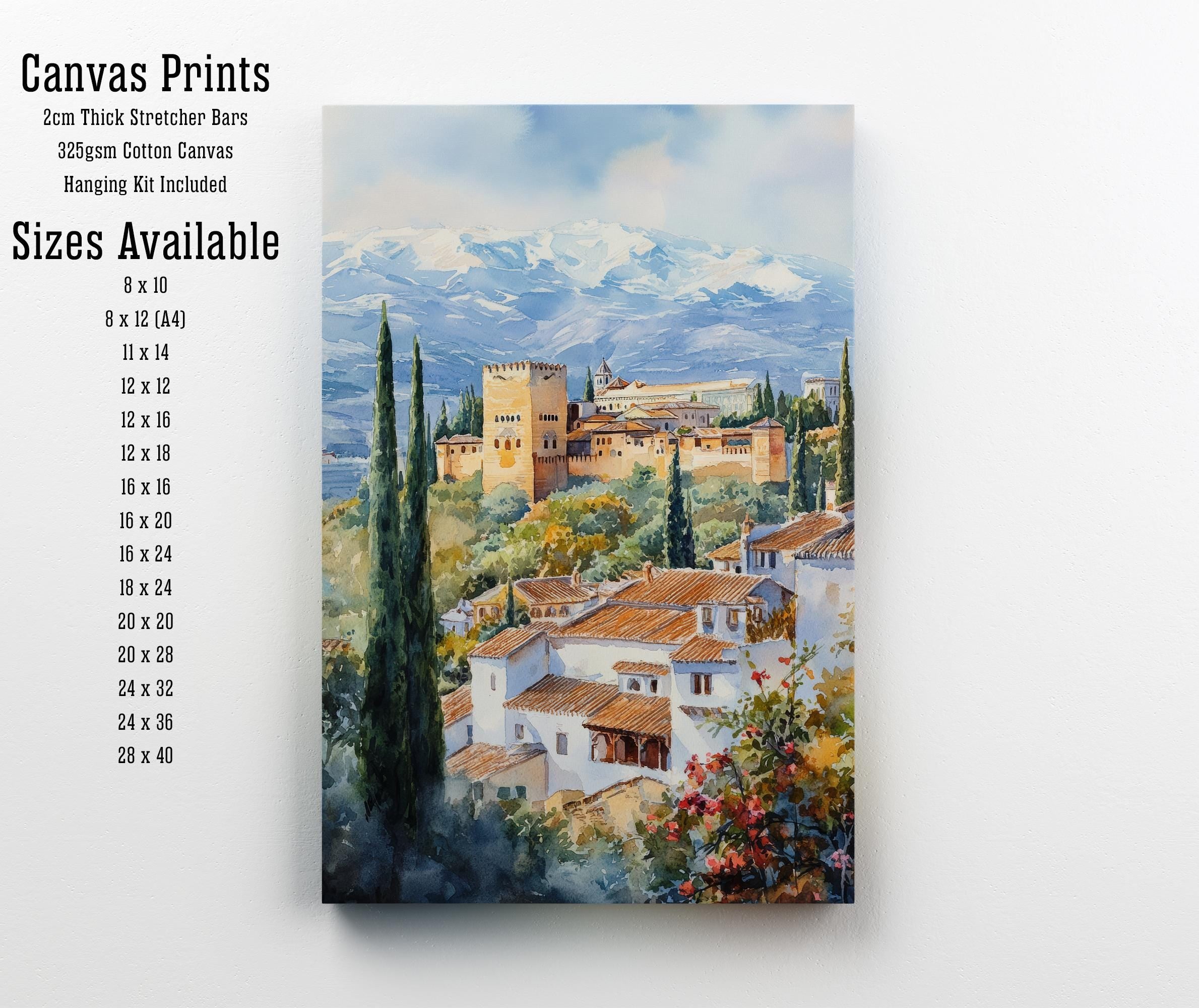 Granada Spain Watercolor Painting Alhambra Art Granada Print Scenic Spanish Landscape Decor