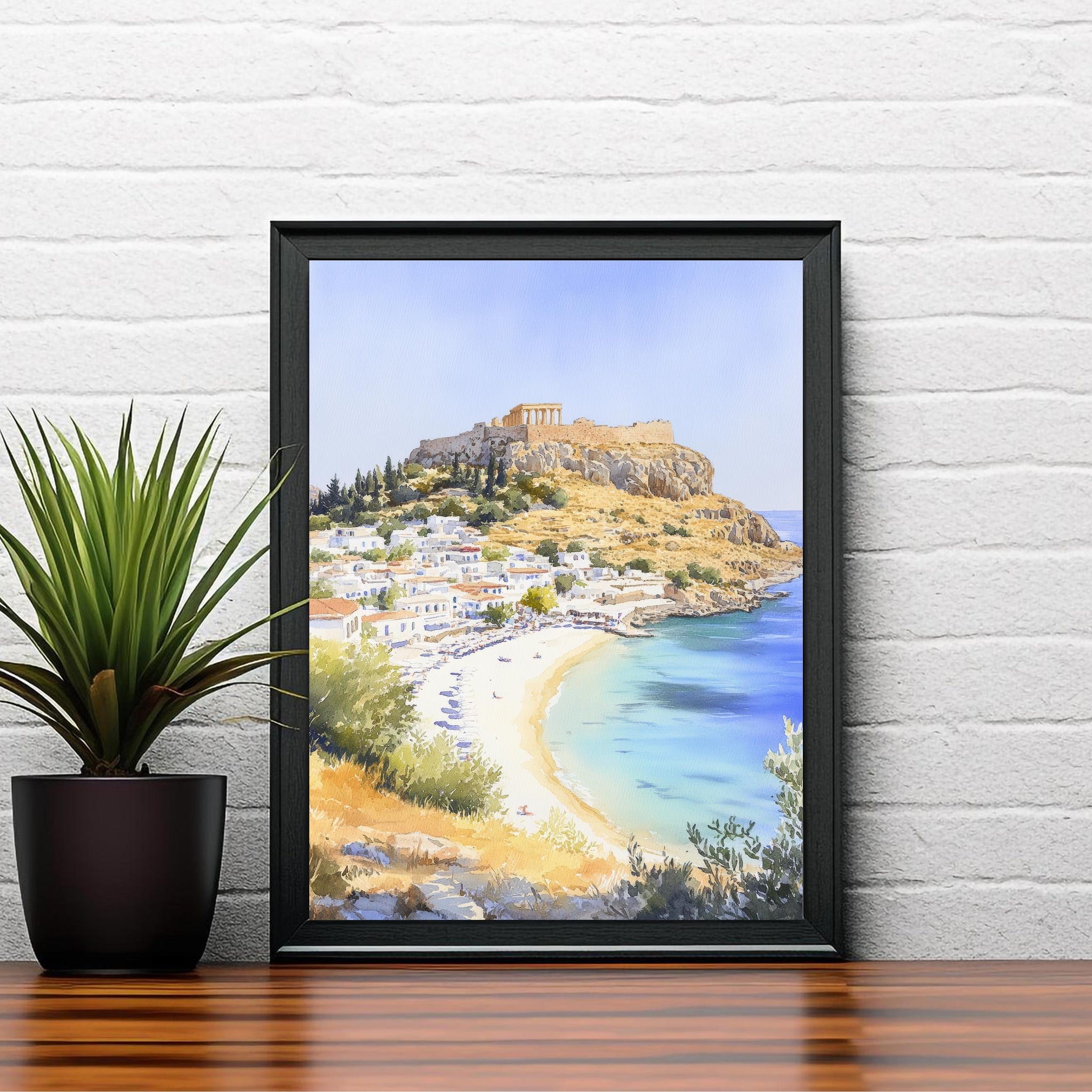 Lindos Watercolor Print Greek Island Art Lindos Village Print Scenic Greek Decor Rhodes Island Art