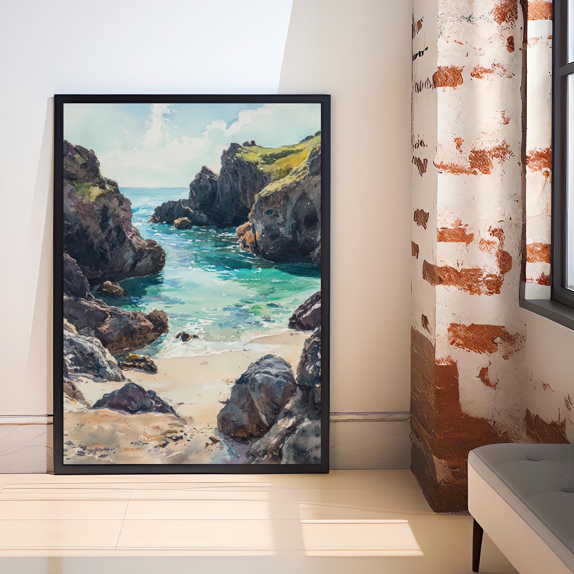 Kynance Cove Watercolor Painting Cornwall Beach Art Kynance Cove Print Scenic Seaside Decor