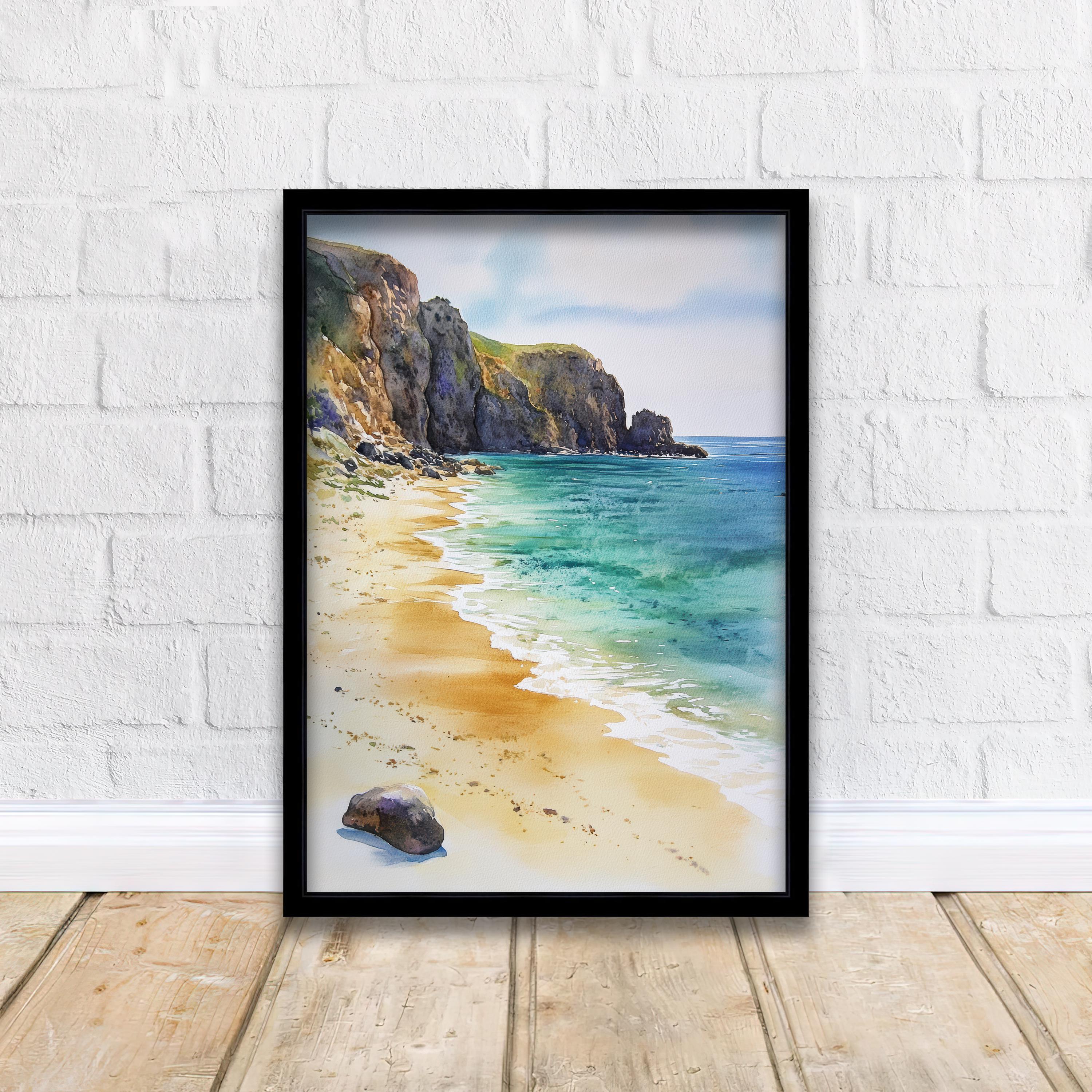 Porthcurno Beach Watercolor Painting Cornwall Beach Art Porthcurno Print Scenic Seaside Decor