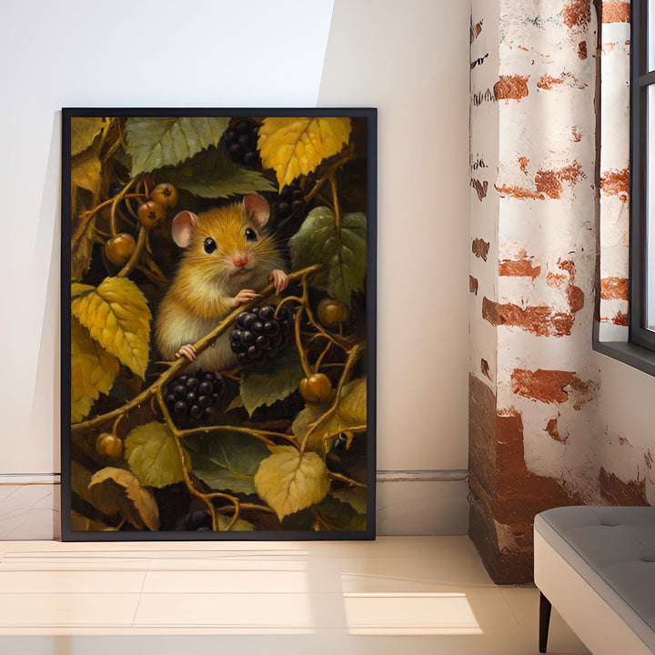 Dormouse Among Blackberry Brambles Poster Cottagecore Decor Dark Academia Art Enchanted Wildlife Illustration Vintage Nature Wall Art
