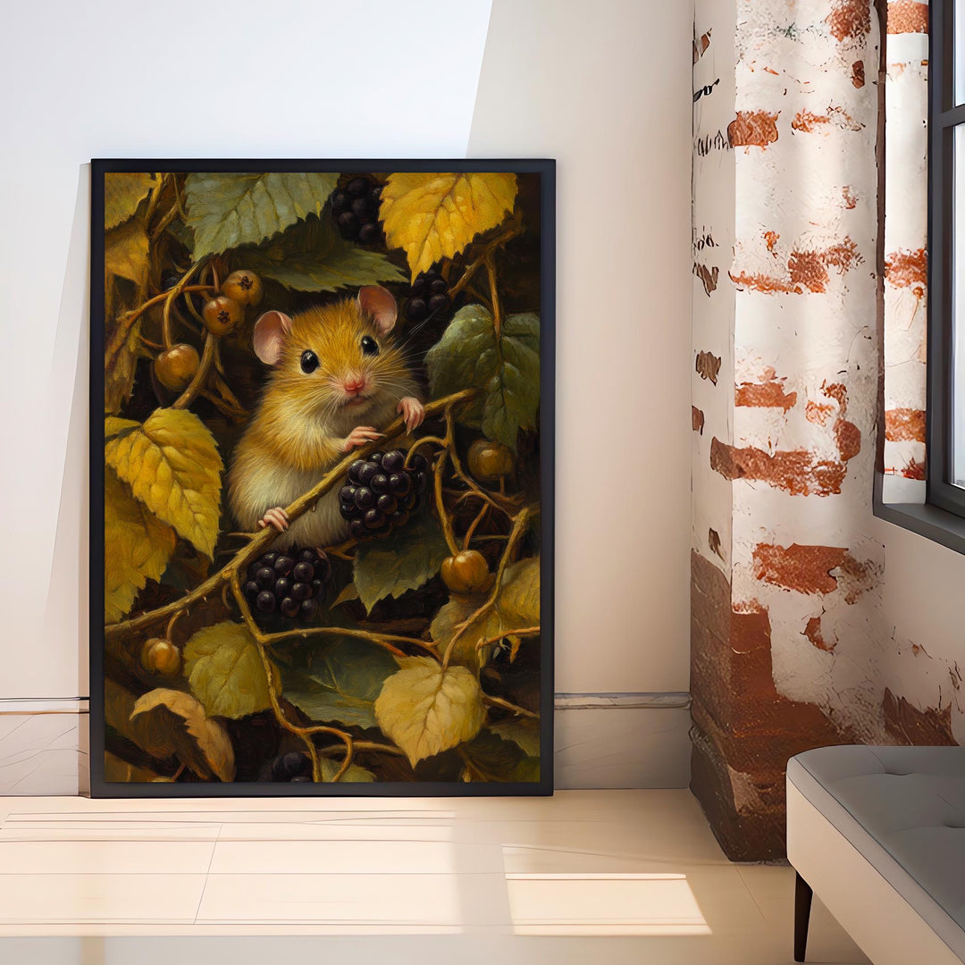 Dormouse Among Blackberry Brambles Poster Cottagecore Decor Dark Academia Art Enchanted Wildlife Illustration Vintage Nature Wall Art
