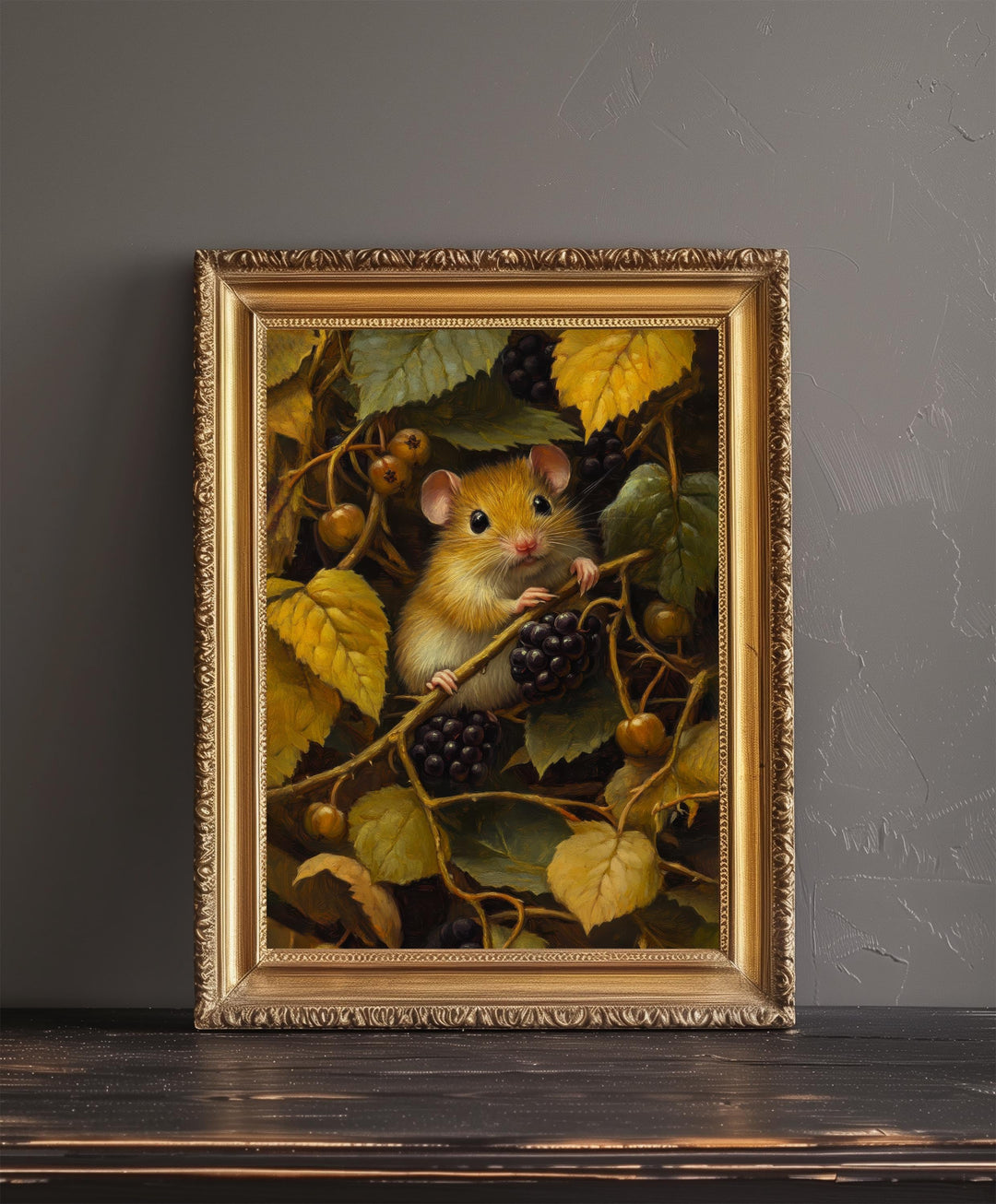 Dormouse Among Blackberry Brambles Poster Cottagecore Decor Dark Academia Art Enchanted Wildlife Illustration Vintage Nature Wall Art