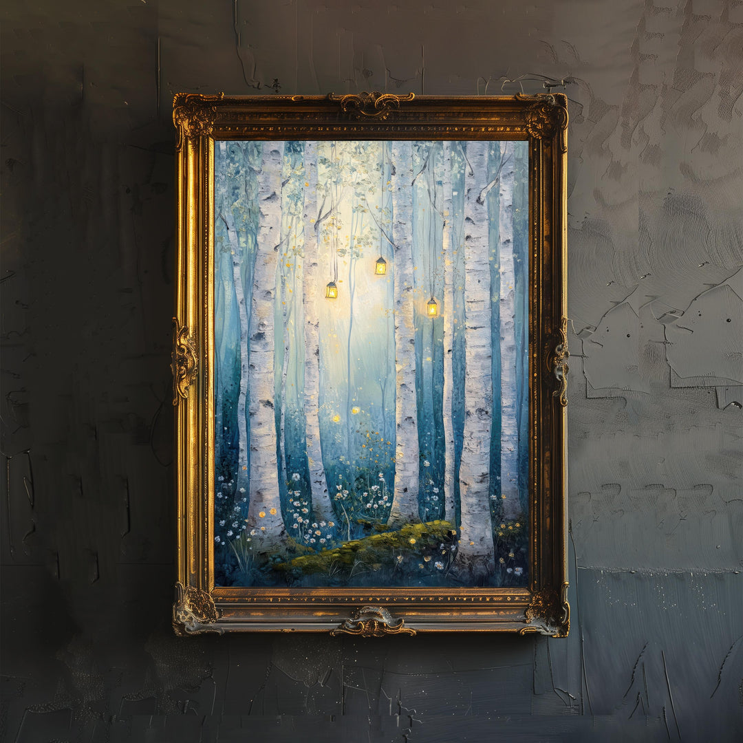 Enchanted Fairy Birch Grove Poster Cottagecore Decor Dark Academia Art Enchanted Forest Illustration Vintage Nature Wall Art