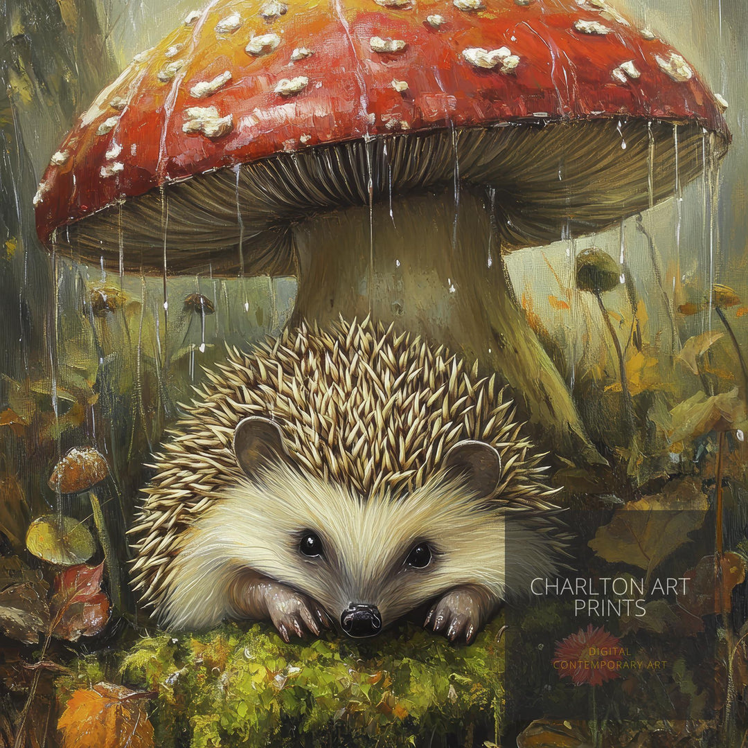 Hedgehog Under Mushroom Poster Cottagecore Decor Dark Academia Art Enchanted Illustration Vintage Woodland Wall Art Rustic Aesthetic