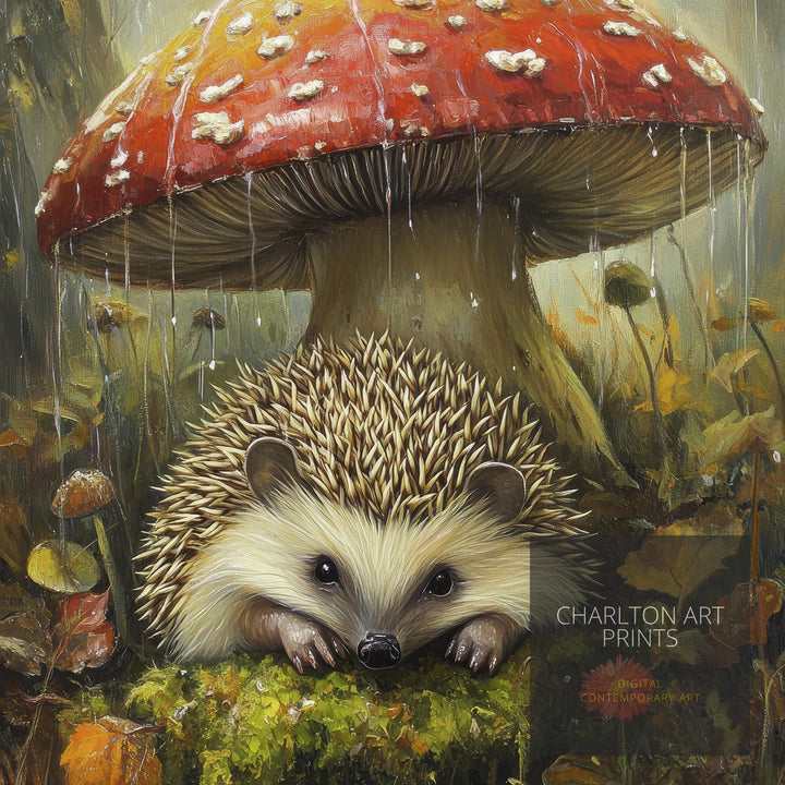 Hedgehog Under Mushroom Poster Cottagecore Decor Dark Academia Art Enchanted Illustration Vintage Woodland Wall Art Rustic Aesthetic