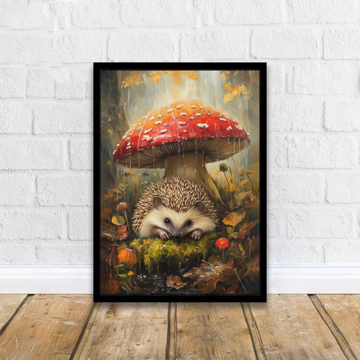 Hedgehog Under Mushroom Poster Cottagecore Decor Dark Academia Art Enchanted Illustration Vintage Woodland Wall Art Rustic Aesthetic