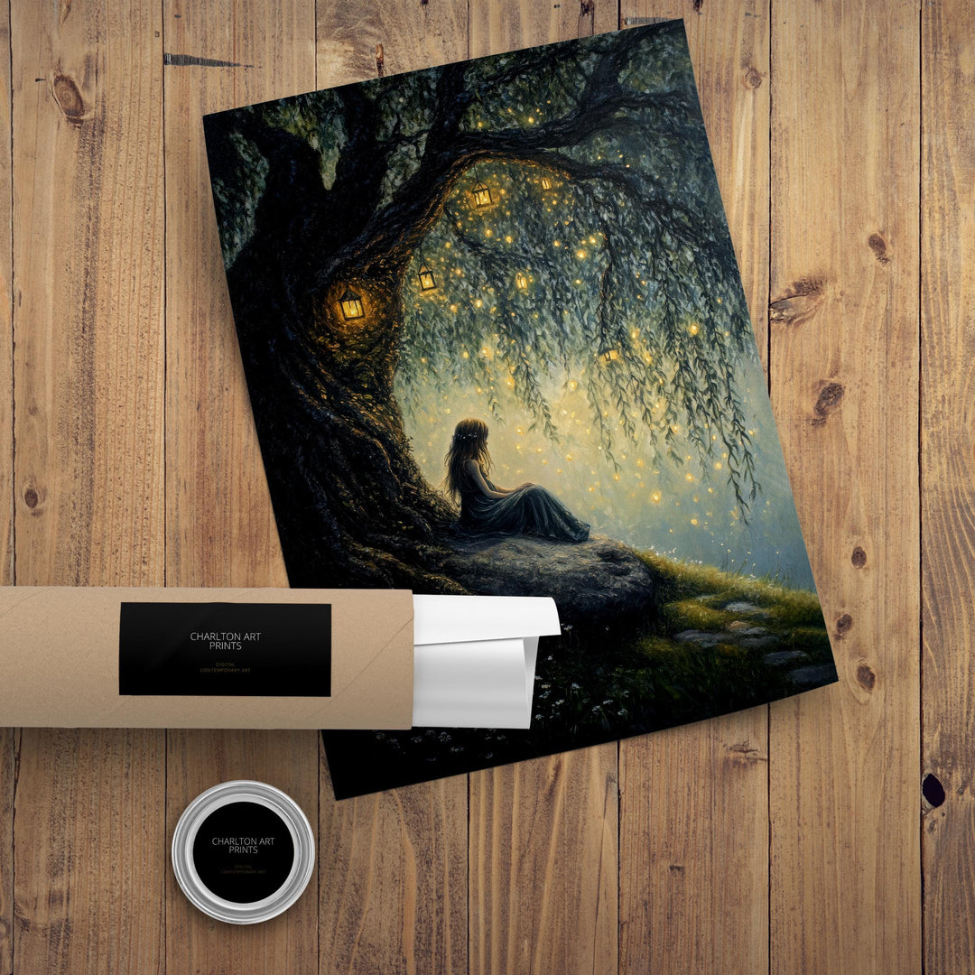 Fairy Beneath Willow Tree Poster Cottagecore Decor Dark Academia Art Enchanted Illustration Vintage Woodland Wall Art Rustic Aesthetic