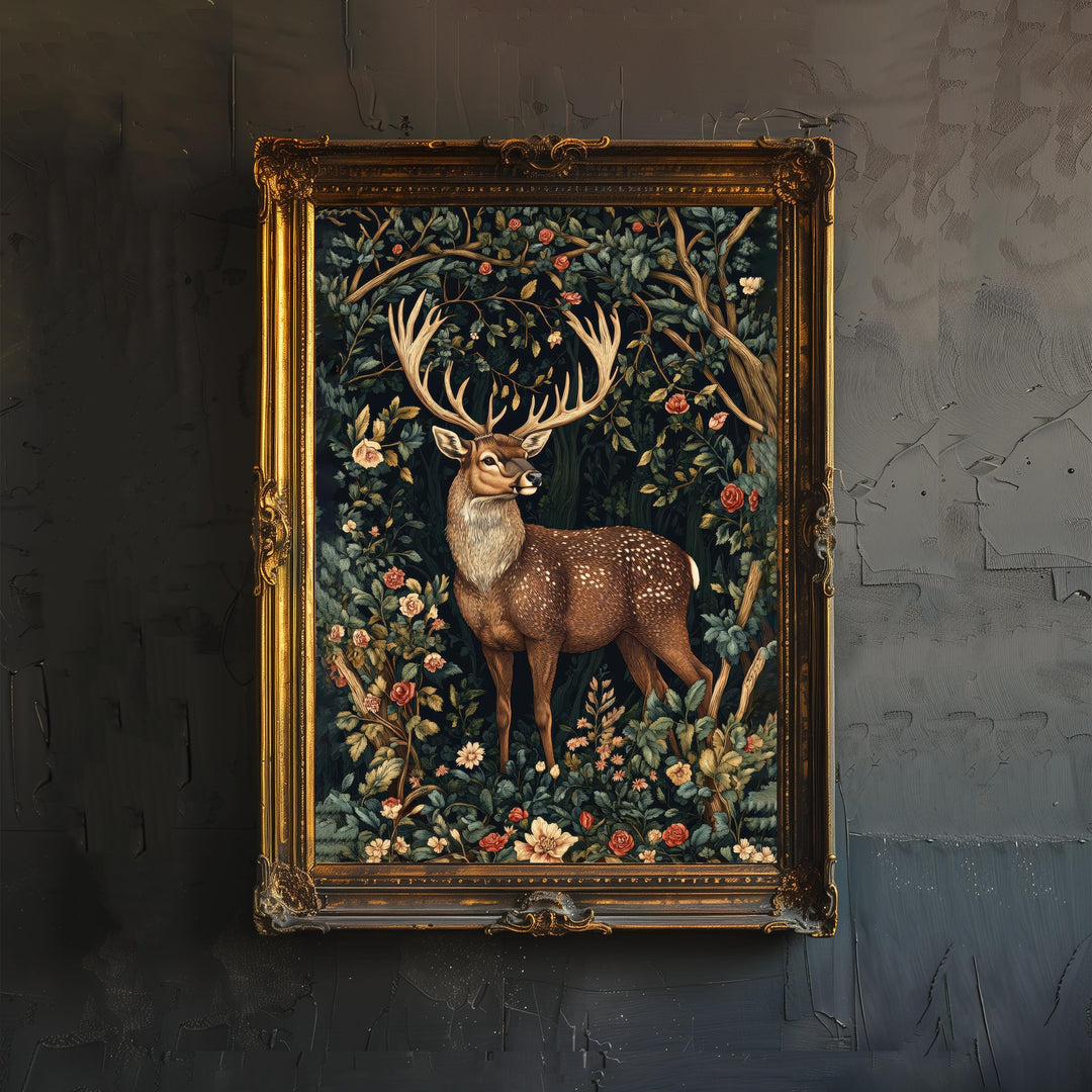 William Morris Stag in Enchanted Grove Poster Cottagecore Decor Dark Academia Art Vintage Wildlife Illustration Rustic Aesthetic