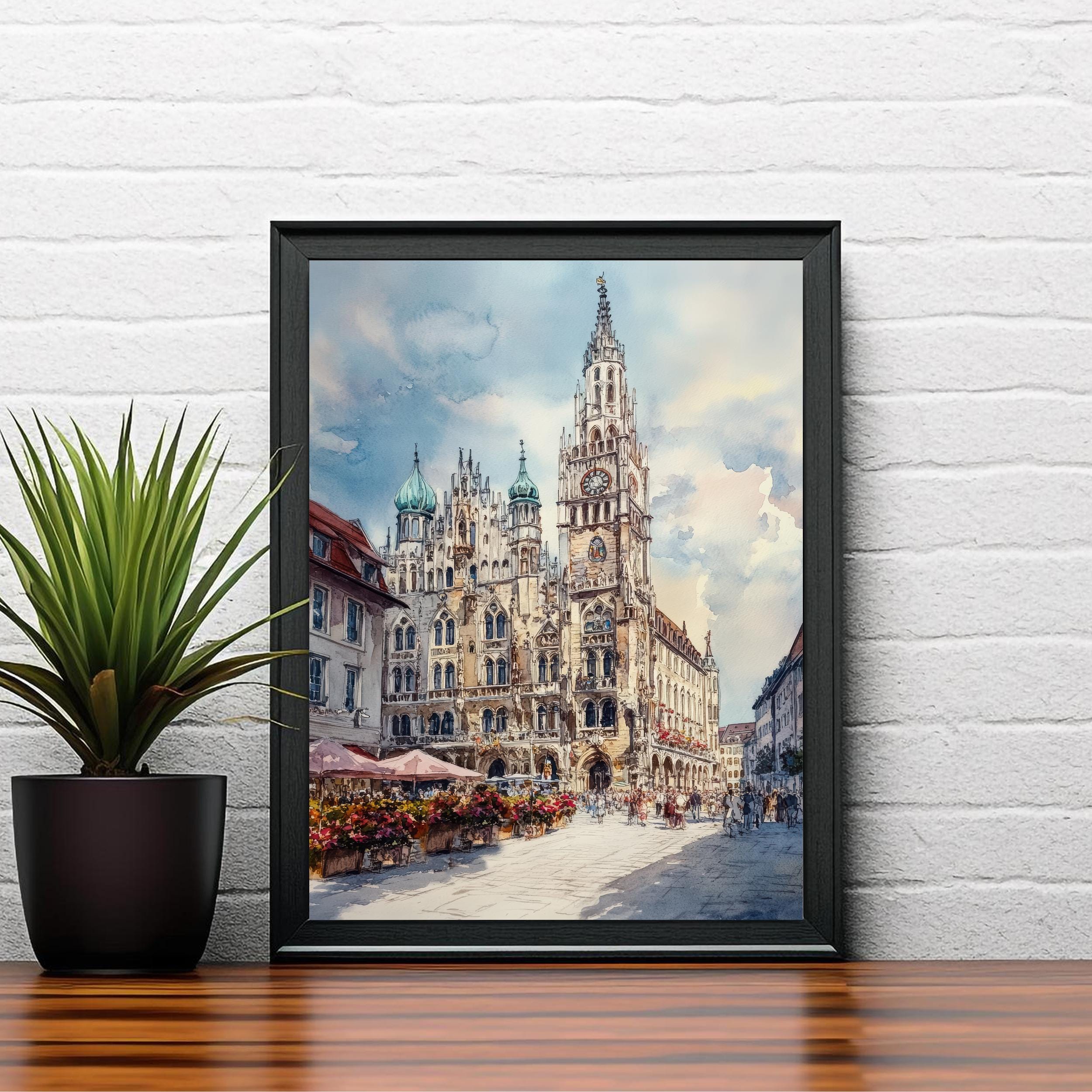 Munich Germany Watercolor Painting German City Art Munich Print Scenic Cityscape Decor