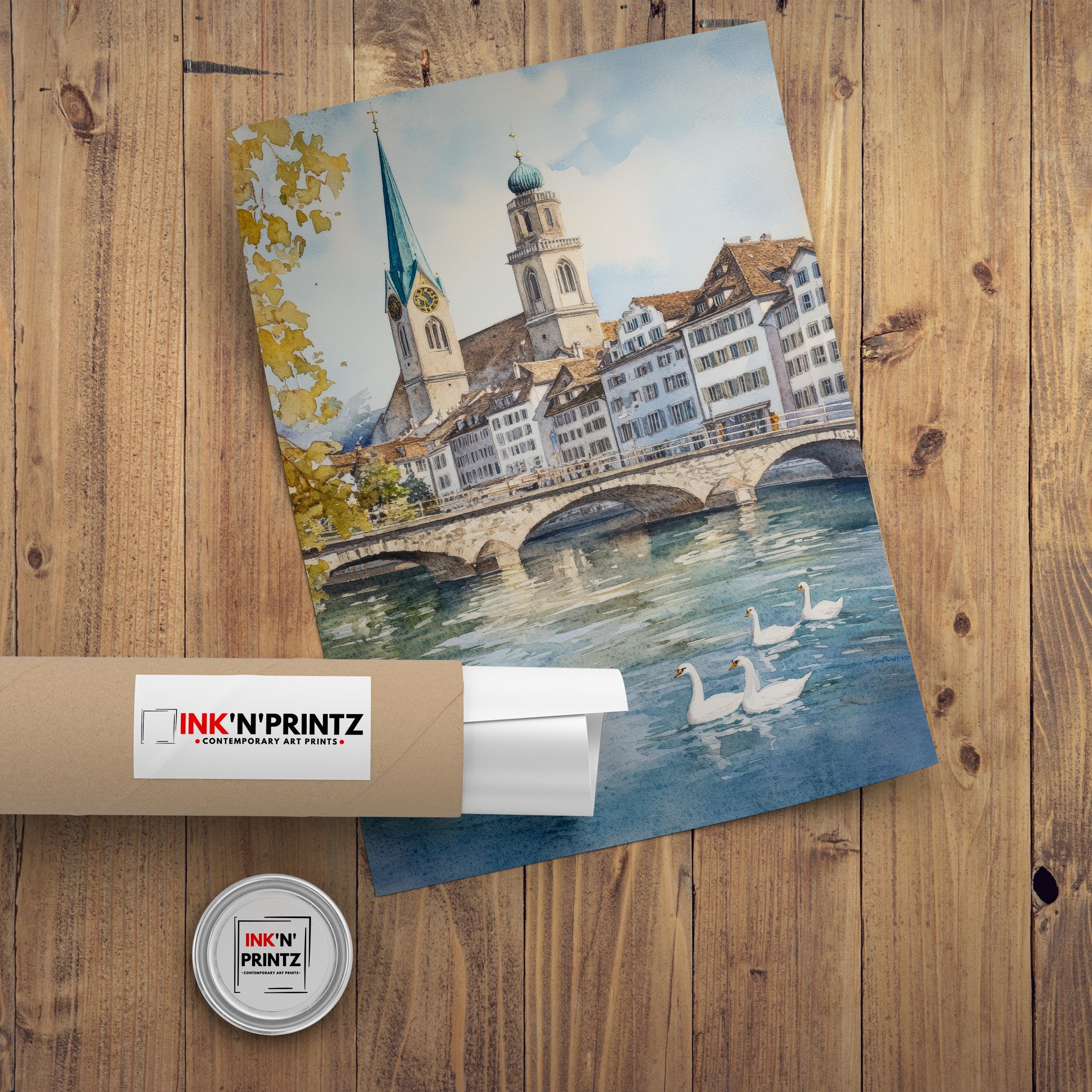Zurich Watercolor Painting Swiss City Art Zurich Print Scenic Swiss Landscape Decor