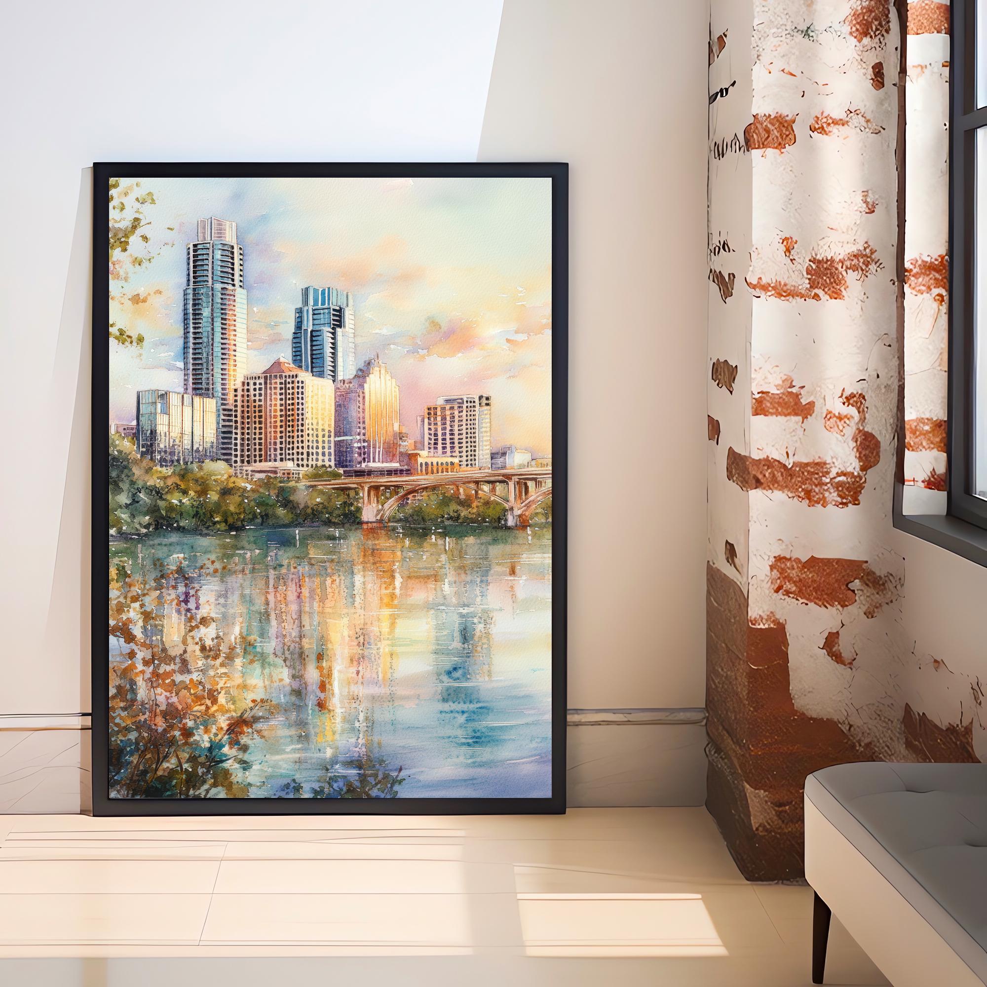 Austin Texas Watercolor Painting Austin Skyline Art Texas Print Scenic Cityscape Decor