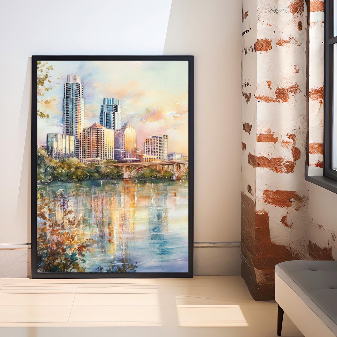 Austin Texas Watercolor Painting Austin Skyline Art Texas Print Scenic Cityscape Decor
