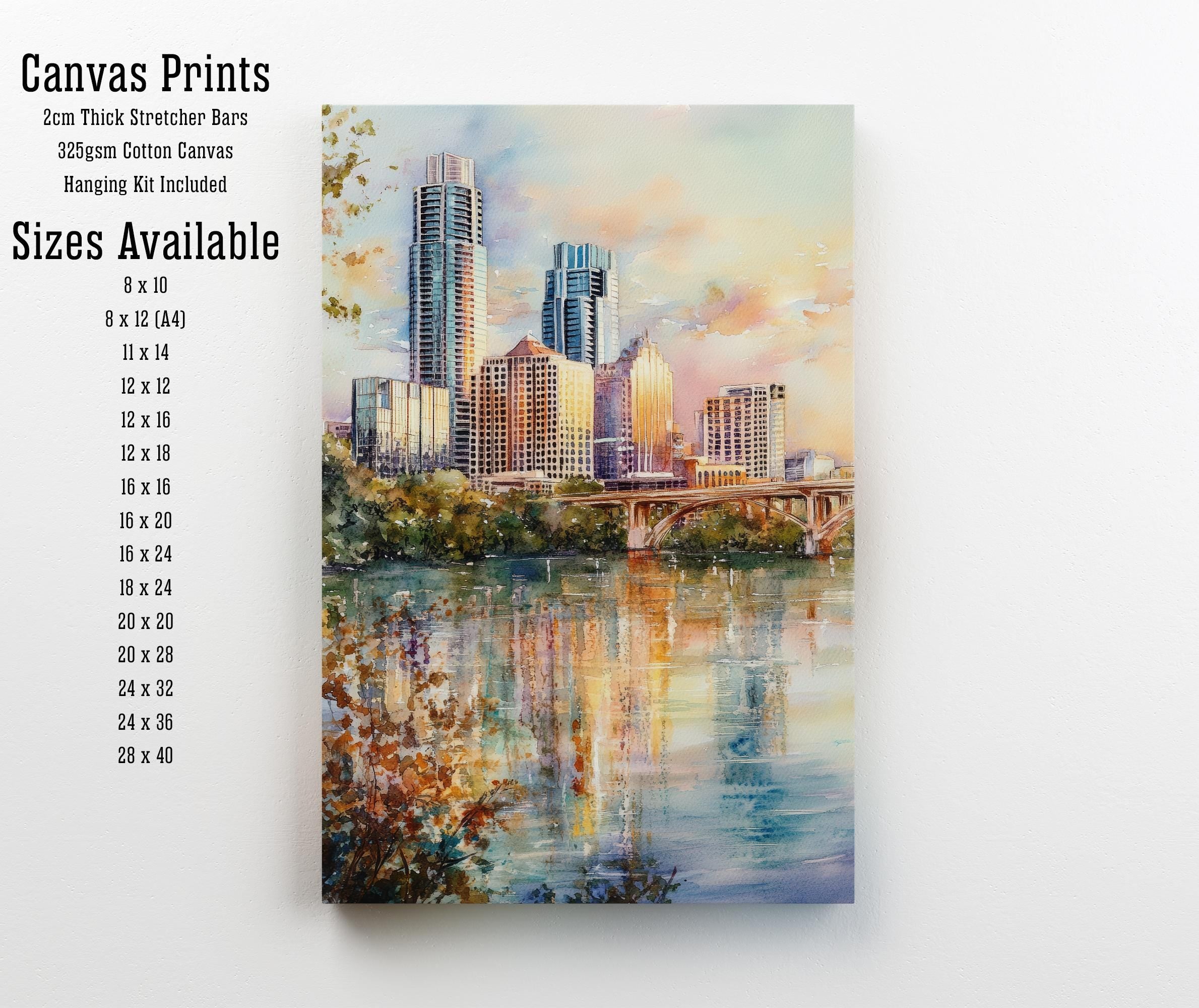 Austin Texas Watercolor Painting Austin Skyline Art Texas Print Scenic Cityscape Decor