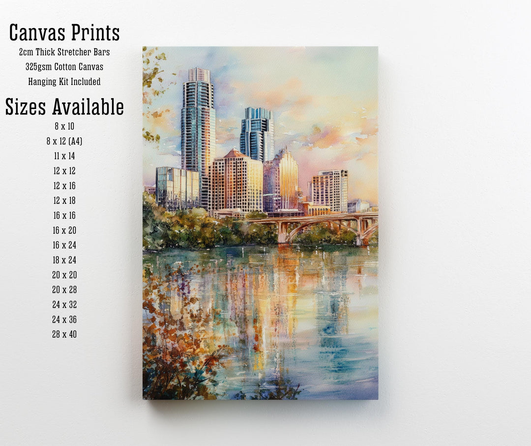 Austin Texas Watercolor Painting Austin Skyline Art Texas Print Scenic Cityscape Decor