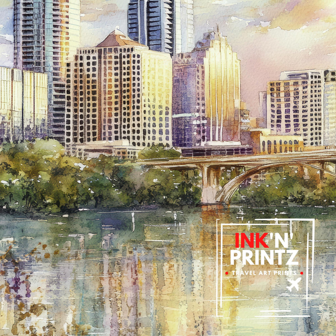 Austin Texas Watercolor Painting Austin Skyline Art Texas Print Scenic Cityscape Decor