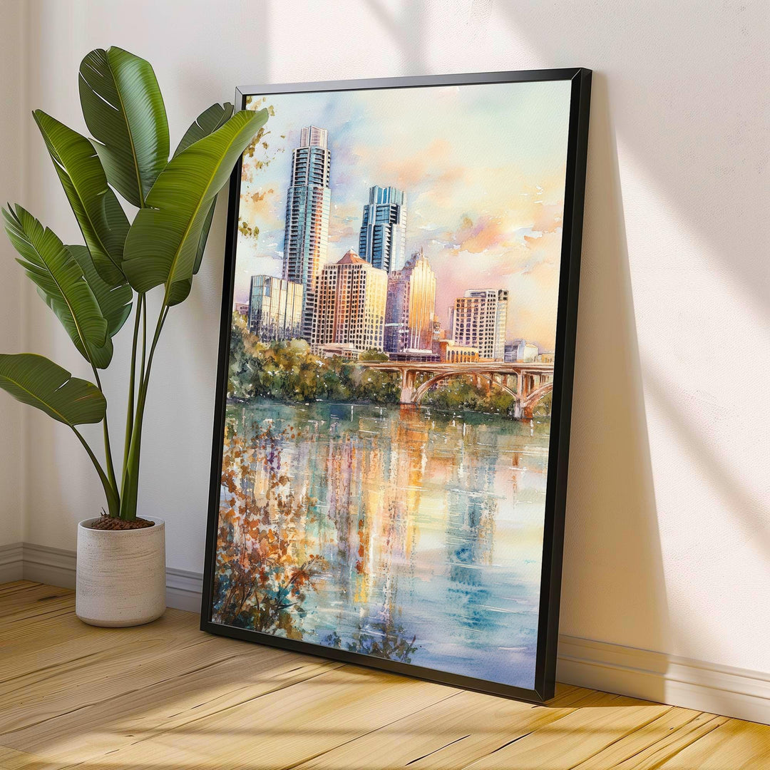 Austin Texas Watercolor Painting Austin Skyline Art Texas Print Scenic Cityscape Decor