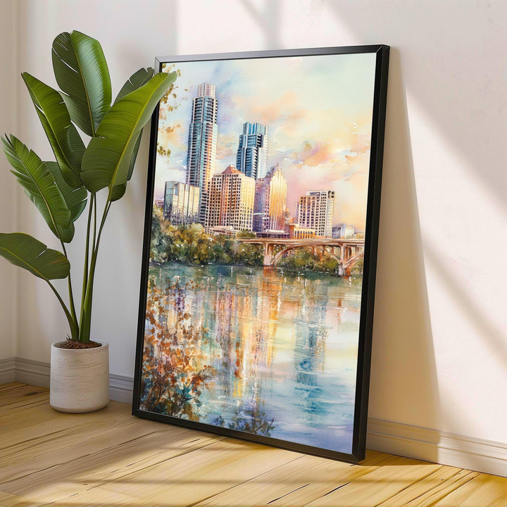 Austin Texas Watercolor Painting Austin Skyline Art Texas Print Scenic Cityscape Decor