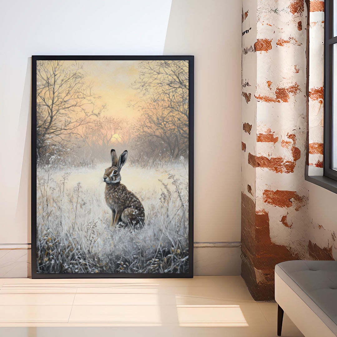 Hare in Frosty Meadow at Dawn Poster Cottagecore Decor Dark Academia Art Enchanted Winter Illustration Vintage Nature Wall Art