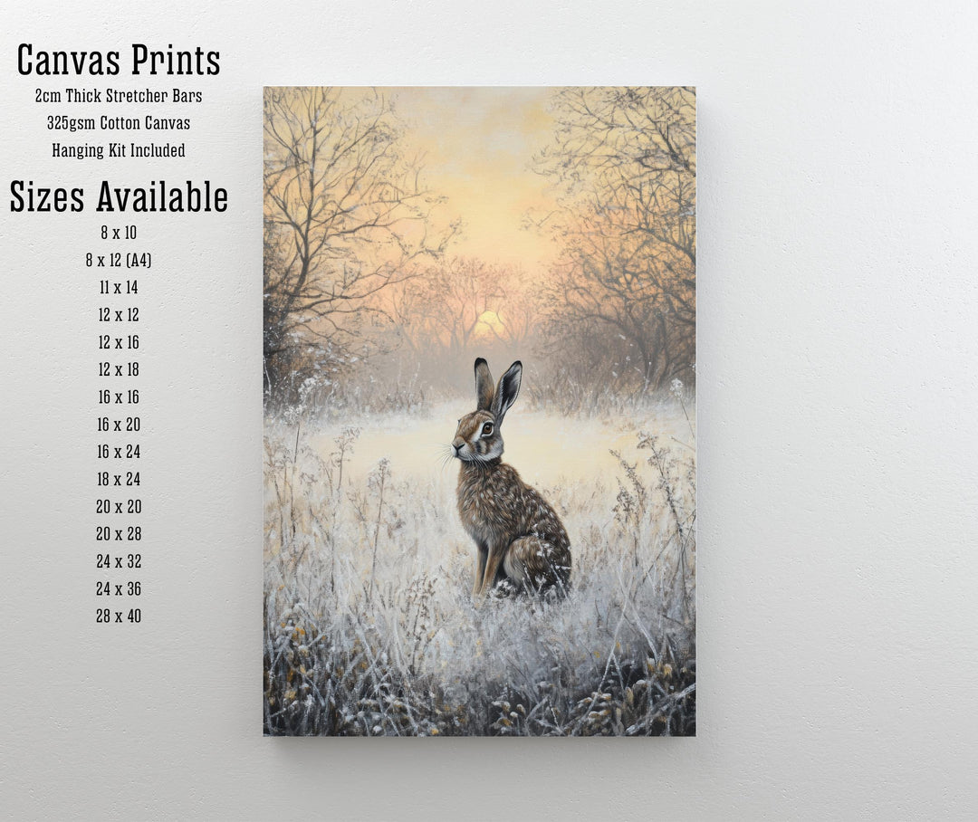 Hare in Frosty Meadow at Dawn Poster Cottagecore Decor Dark Academia Art Enchanted Winter Illustration Vintage Nature Wall Art
