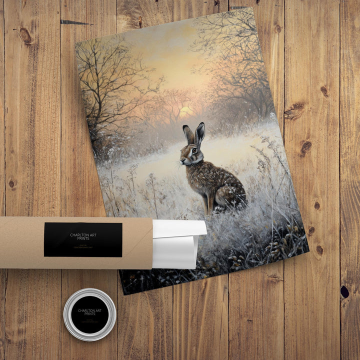 Hare in Frosty Meadow at Dawn Poster Cottagecore Decor Dark Academia Art Enchanted Winter Illustration Vintage Nature Wall Art