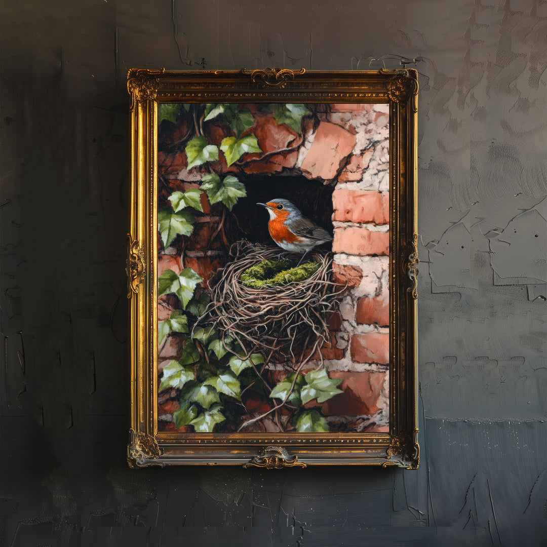 Robin Nesting in Ivy Poster Cottagecore Decor Dark Academia Art Enchanted Bird Illustration Vintage Nature Wall Art Rustic Aesthetic