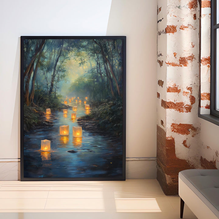 Fairy Lanterns Floating Poster Cottagecore Decor Dark Academia Art Enchanted Illustration Vintage Nature Wall Art Rustic Aesthetic
