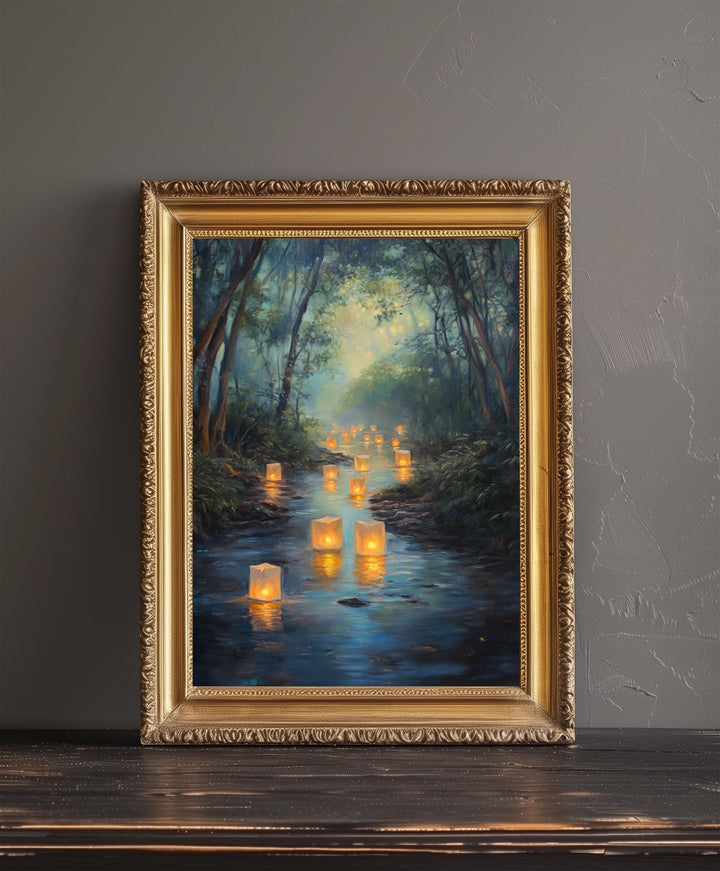 Fairy Lanterns Floating Poster Cottagecore Decor Dark Academia Art Enchanted Illustration Vintage Nature Wall Art Rustic Aesthetic