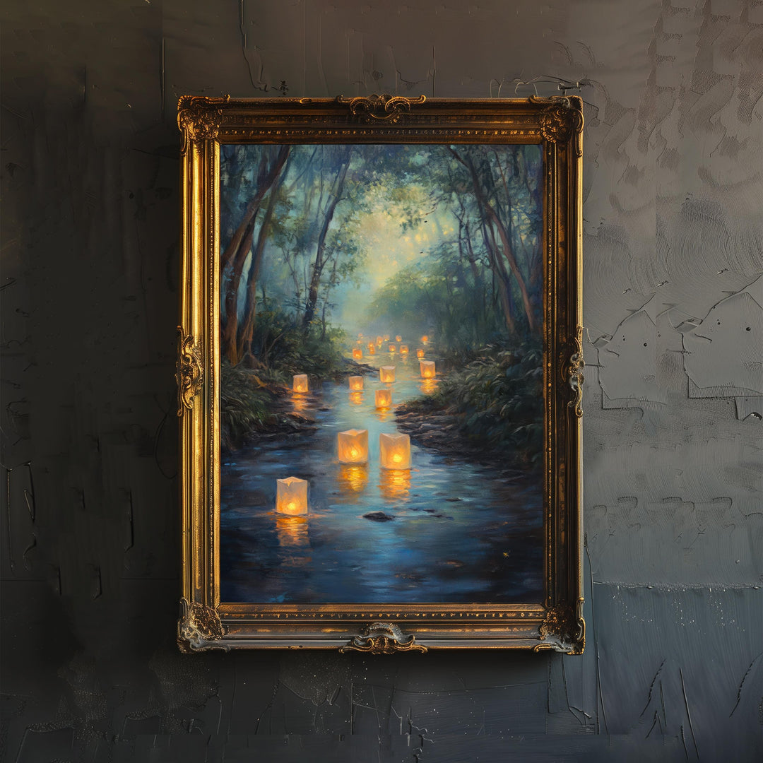 Fairy Lanterns Floating Poster Cottagecore Decor Dark Academia Art Enchanted Illustration Vintage Nature Wall Art Rustic Aesthetic
