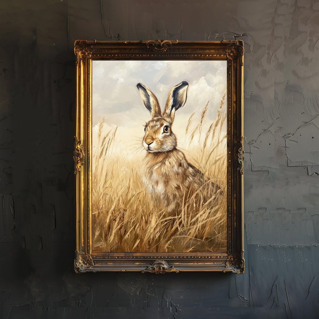 Brown Hare in Field Art Print Cottagecore Wildlife Decor Rustic Animal Wall Art